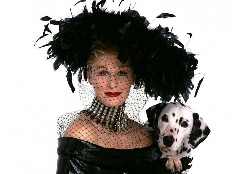 101 Dalmatians (1996), movie, Glenn Close, black, Cruella De Vil, woman, animal, hat, actress, 101 Dalmatians, white, disney, dog, HD wallpaper