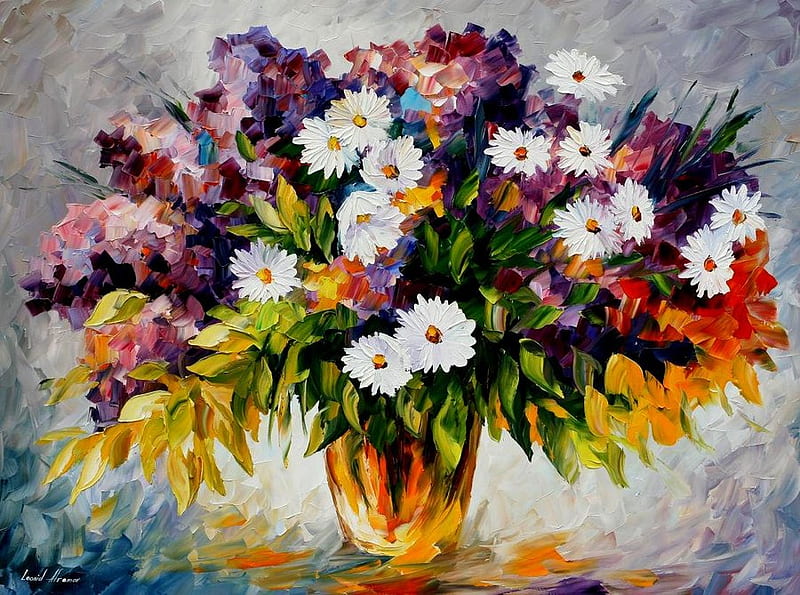 Lilacs and Camomiles, art, bouquet, camomiles, painting, flowers, lilacs, HD wallpaper