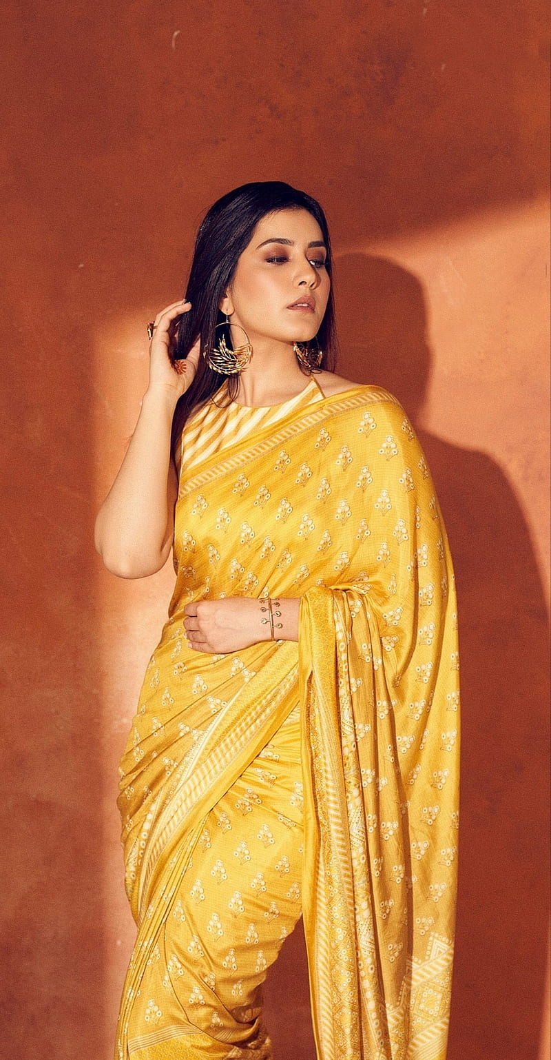 Raasi khanna, telugu actress, yellow saree, HD phone wallpaper