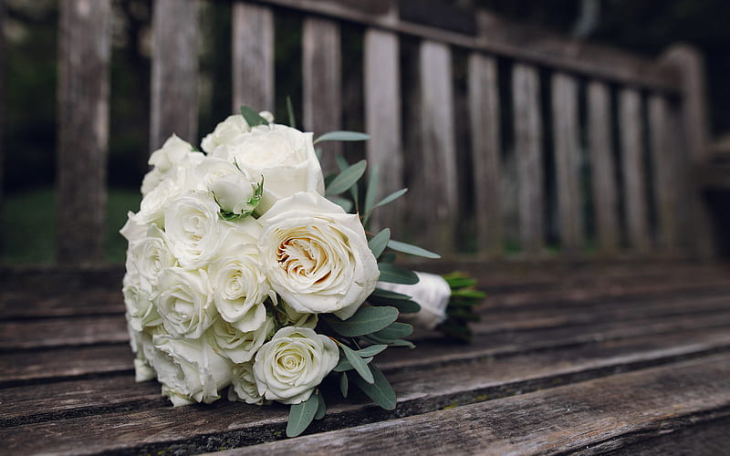 white roses, wedding bouquet, wedding concepts, bouquet on bench, roses, bridal bouquet, HD wallpaper