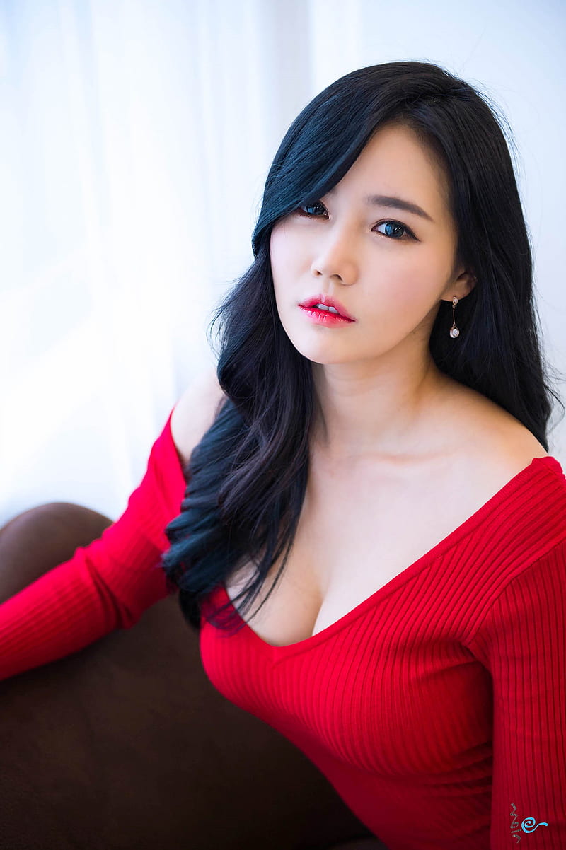 Han Ga Eun, red dress, V-neck, hair over one eye, bare shoulders, red tops, dark hair, wavy hair, Asian, women, model, earring, portrait display, HD phone wallpaper