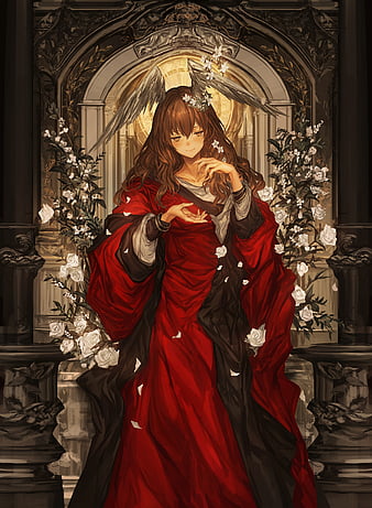 Anime girl, queen, red dress, brown hair, throne, wings, Anime, HD phone  wallpaper | Peakpx