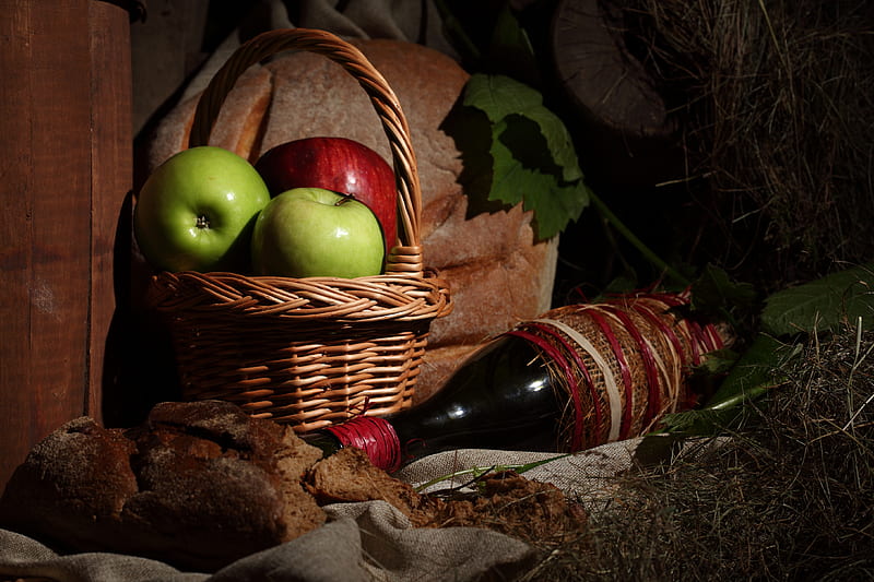 still life, apple, food, wine, bread, bonito, old, fruit, graphy, nice, cool, basket, village, drink, harmony, HD wallpaper