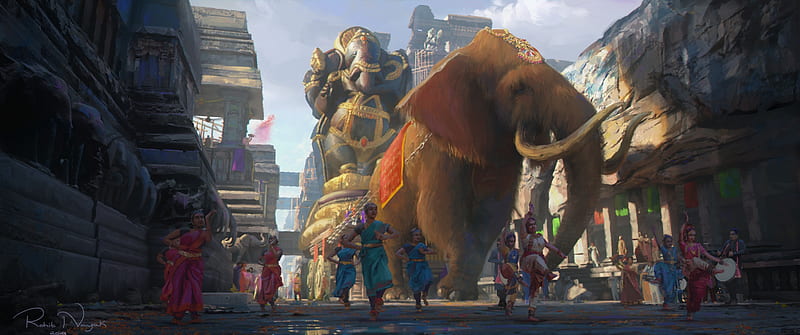 Ganesha, fantasy, elephant, art, people, rohit nayak, HD wallpaper