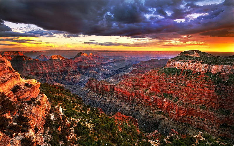 amazing grand canyon, red, cliffs, sunset, clouds, canyon, HD wallpaper