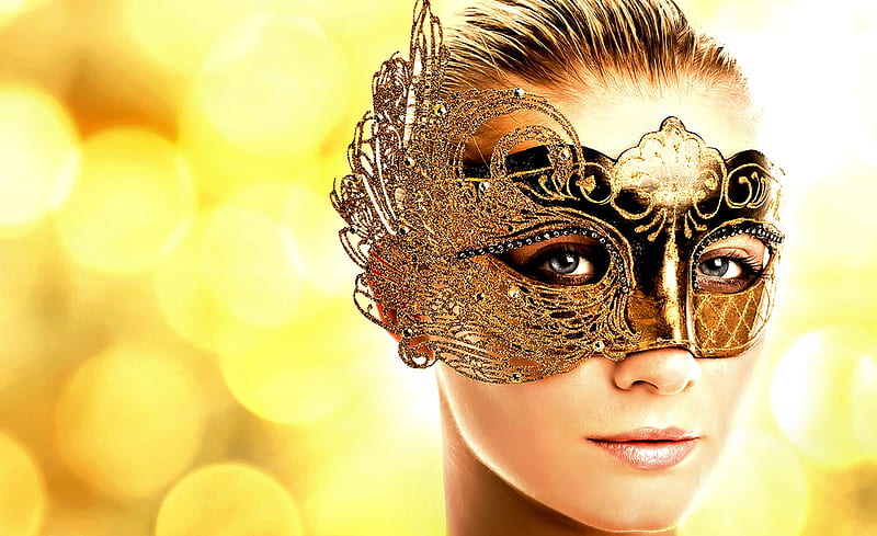 Golden Mask II, mystery, pretty, amazing, lovely, golden, bonito, woman, incredible, lips, graphy, gold, nice, face, lady, mask, gorgeous, HD wallpaper