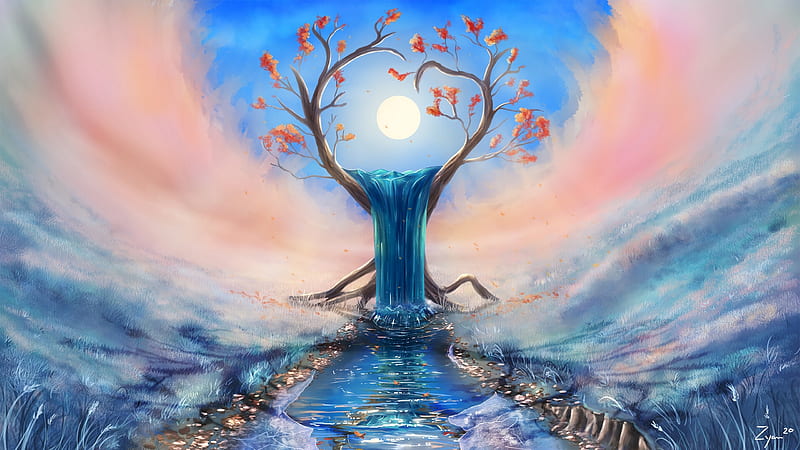 Waterfall tree, zyane, art, frumusete, moon, luminos, spring, moon, fantasy, tree, vara, waterfall, summer, pink, HD wallpaper