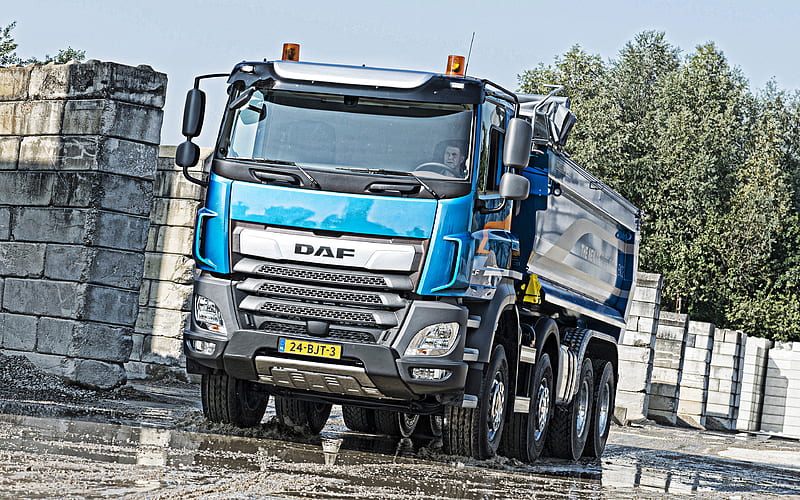 DAF CF, 2019, dump truck, mining truck, new blue CF, front view, exterior, stone transportation, cargo delivery, sand delivery, HD wallpaper