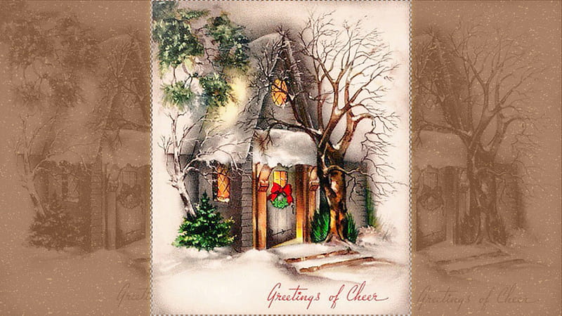 Greetings of Cheer, Christmas Cottage, Vintage, Old Time Christmas, Christmas, Vintage greeting, Holiday Greeting, Christmas Wreaths, HD wallpaper