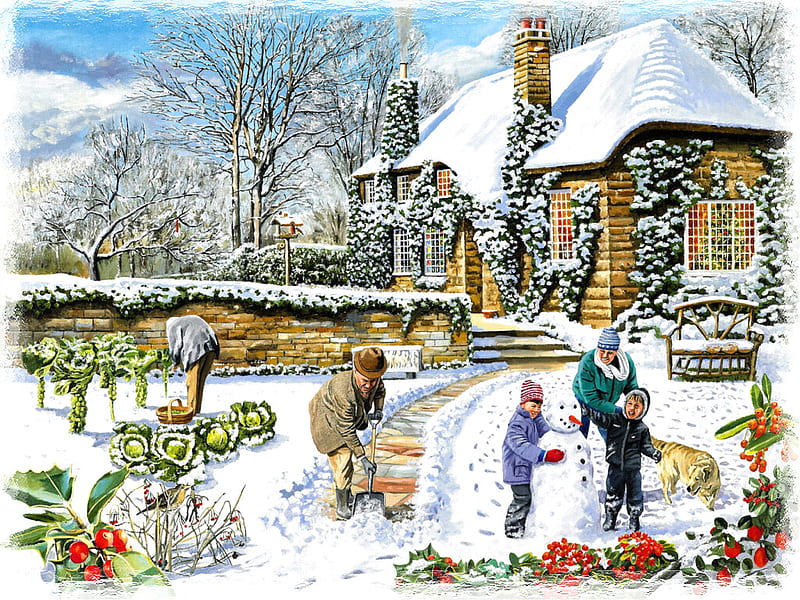 Winter 2, art, children, shoveling, snowman, artwork, play, winter, snow, painting, scenery, landscape, HD wallpaper