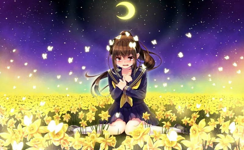 Field of Yellow Flowers, pretty, brown, grass, yellow, bonito, woman, sweet, moon, green, anime, flowers, beauty, blak, long hair, blue, night, stars, art, female, lovely, butterflies, sky, cute, girl, purple, lady, white, field, HD wallpaper