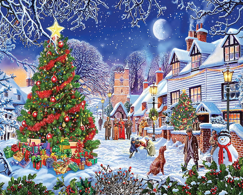Villiage Christmas Tree, village, puzzle, tree, christmas, HD wallpaper