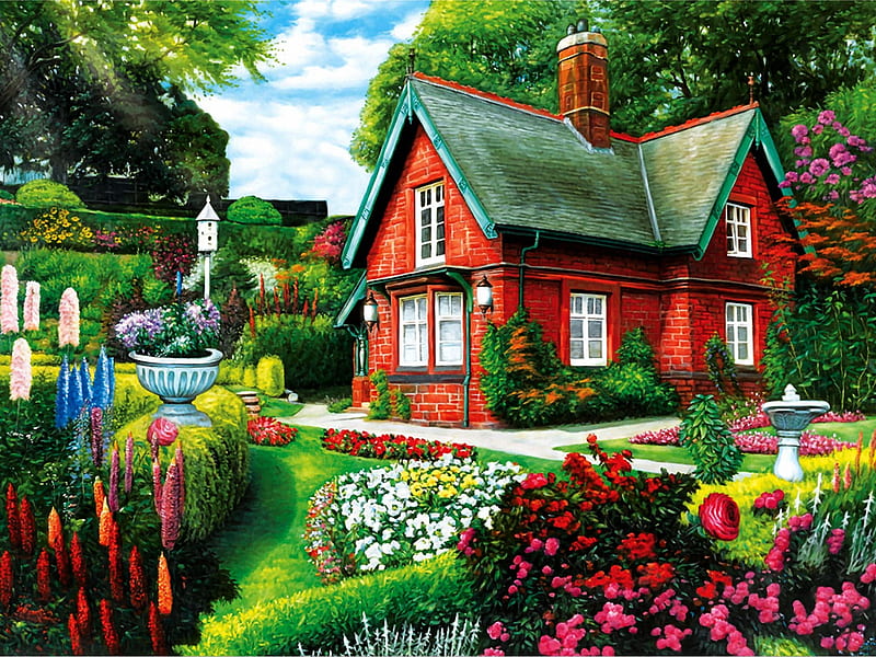 The red House, red, garden, flowers, house, HD wallpaper