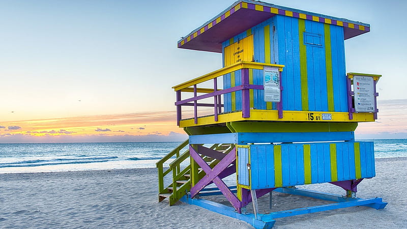 Lifeguard, Florida, Ocean, beach, Miami, Sunrise, Hut, Sunset, Waves, HD wallpaper