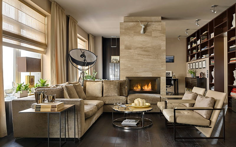 living room, cozy interior, fireplace, modern design, beige tones, HD wallpaper