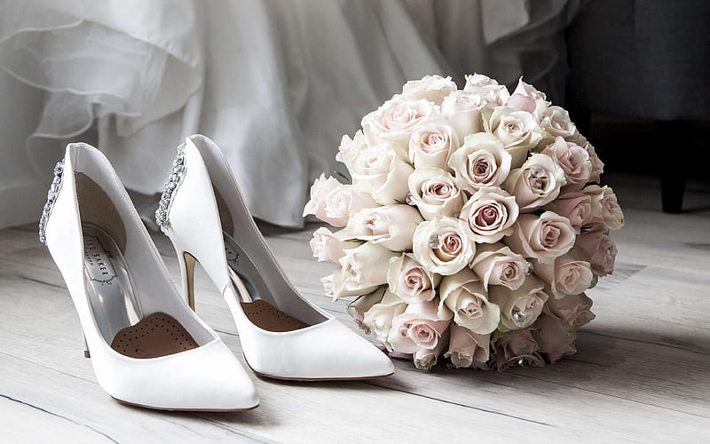 bridal bouquet, white roses, white bride shoes, wedding concept, roses, wedding bouquet, HD wallpaper