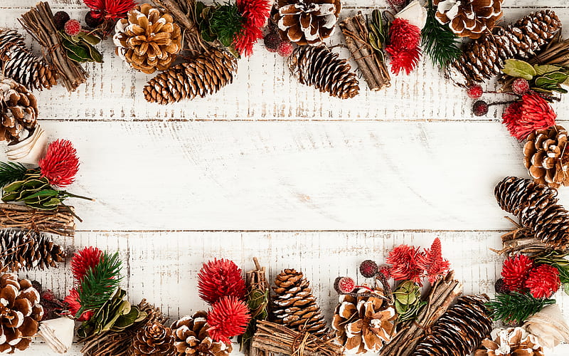 Christmas frame, white wooden background, Frame with cones, Christmas background, Happy New Year, pine cones, HD wallpaper