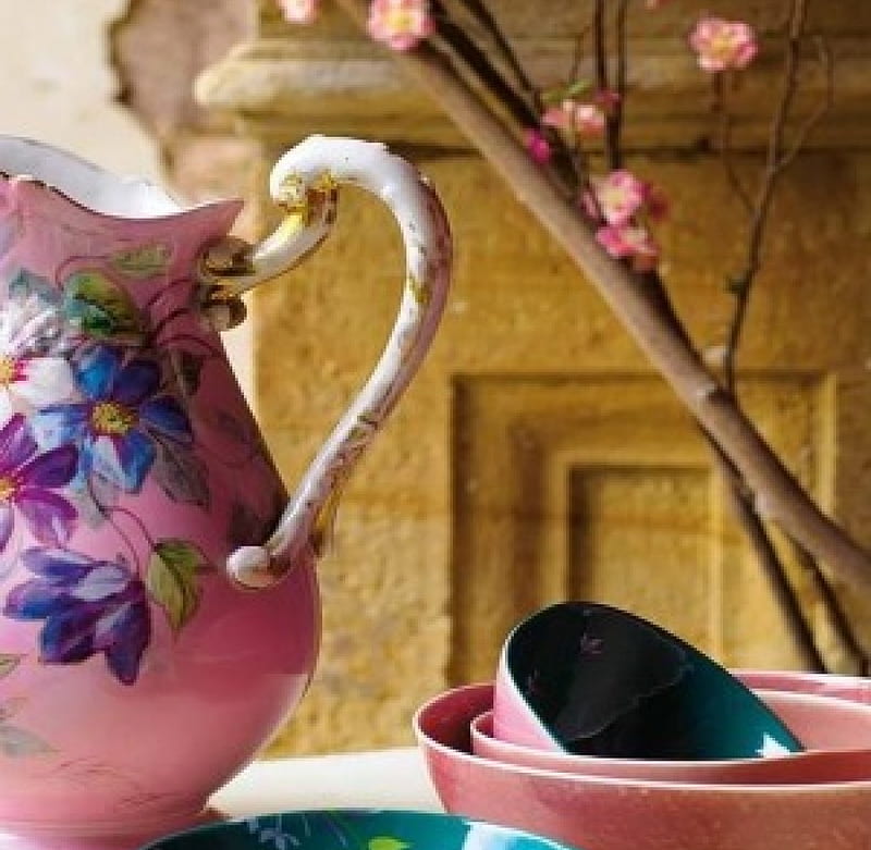 Spring decorative, lovely, beautiful things, spring, still life, decorative, water jar, jug, flowers, ornamental, pink, bowl, vintage, HD wallpaper