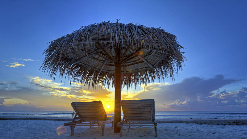 thatched umbrella and chairs on a sunset beach r, beach, thatch, chairs, umbrella, r, sunset, sea, HD wallpaper