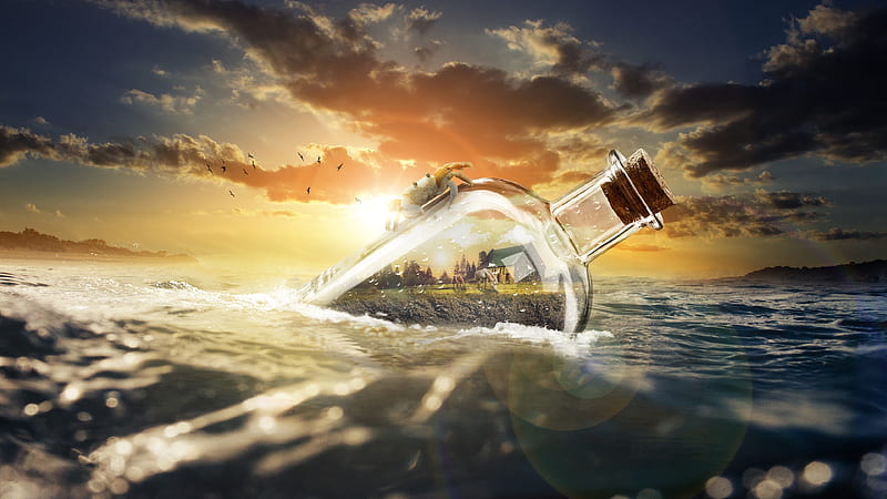 floating bottle, sunset, clouds, ocean, manipulation, Fantasy, HD wallpaper