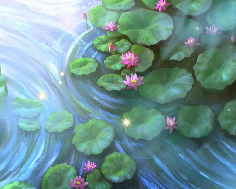 Lotus Pond, pretty, lotus, cg, sparks, bonito, floral, sweet, blossom, nice, green, anime, beauty, realistic, pink, lovely, lily pad, water lily, pond, water, 3d, ripples, flower, petals, HD wallpaper