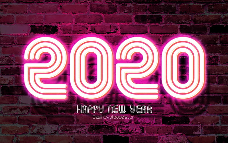 2020 purple neon digits Happy New Year 2020, purple brickwall, 2020 neon art, 2020 concepts, purple neon digits, 2020 on purple background, 2020 year digits, HD wallpaper