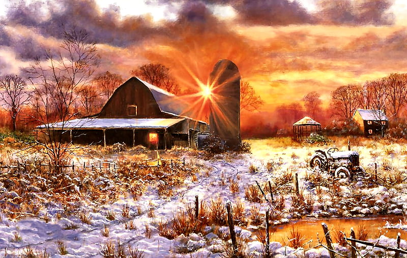Snow Barn With Silo F1, architecture, silo, bonito, sunset, artwork, barn, farm, painting, wide screen, scenery, art, planting, winter, snow, nature, crops, landscape, HD wallpaper