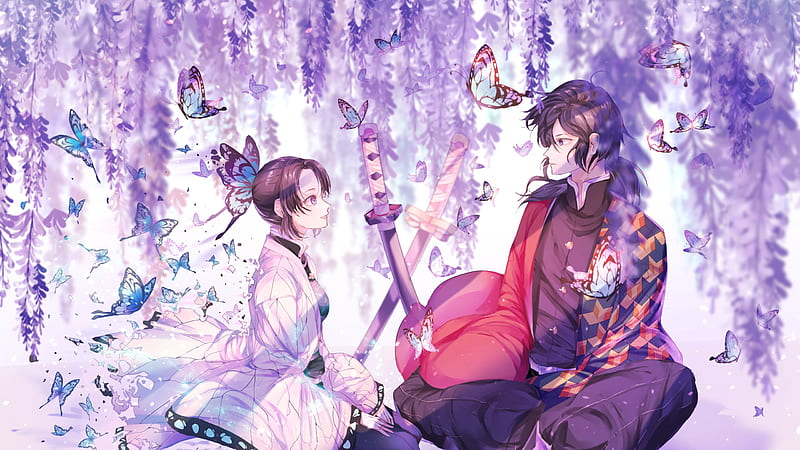 Demon Slayer Giyuu Tomioka Shinobu Kochou Sitting Near Swords Flying Butterflies Under Purple Flowers Anime, HD wallpaper