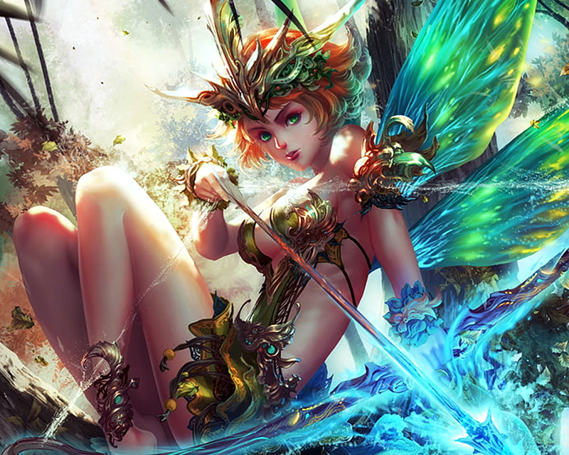 Warrior fairy, wings, luminos, arrow, fantasy, girl, green, antilous, archer, fairy, blue, HD wallpaper