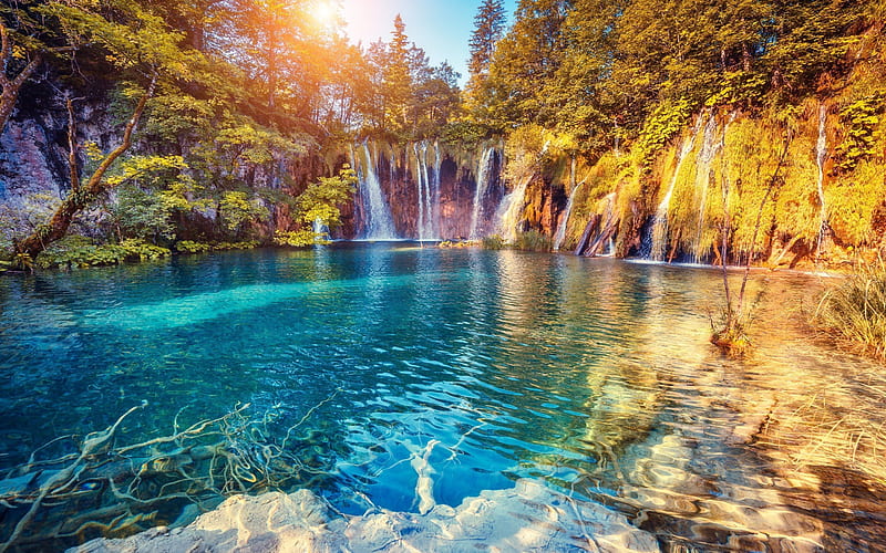 waterfalls, summer, sunset, croatia, HD wallpaper