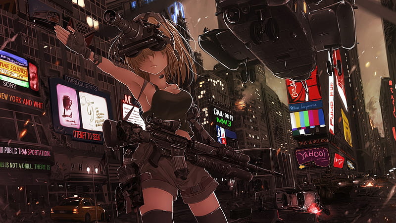 Call Duty, female, guerra, new york, assault rifle, helicopter, soldiers, weapons, rifle, city, battle, gun, anime girl, m4 carbine, HD wallpaper