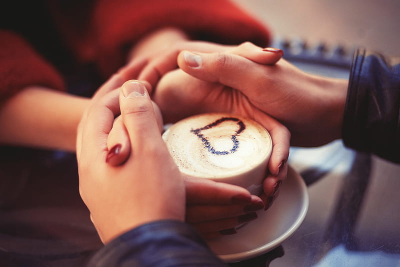 Couple Holding Hands At Coffee, couple, love, heart, coffee, HD wallpaper