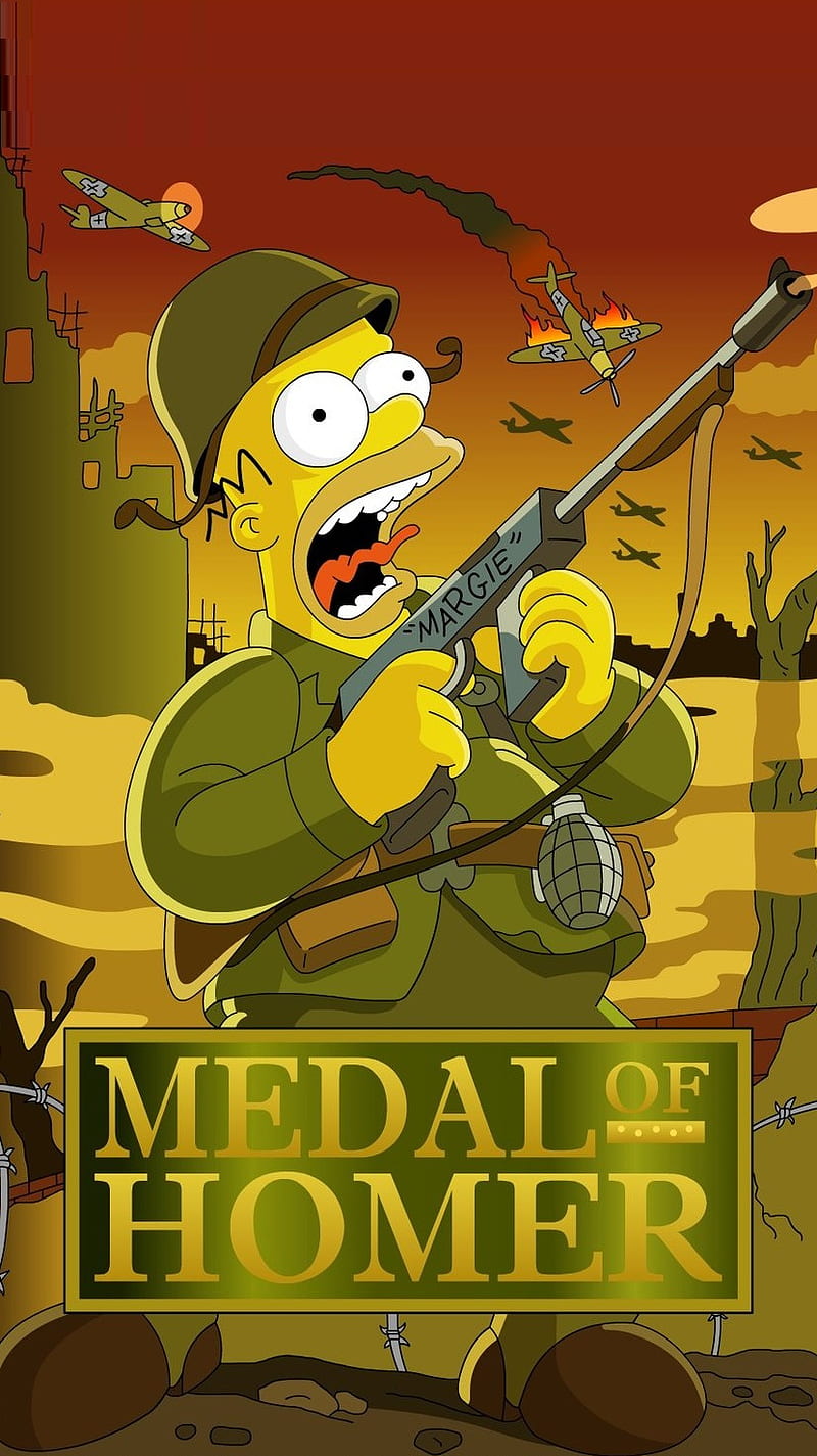 Medal of Homer, anime, battlefield, bullet, cartoon, fun, gun, halo, plane, soldier, HD phone wallpaper