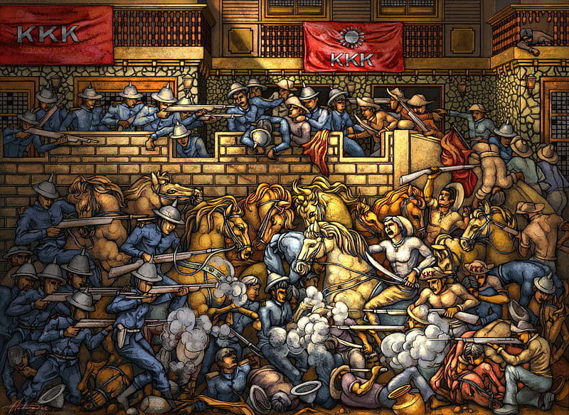 The Battle of San Juan, banner, swords, fighting, abstract, artwork, horses, battlefield, guns, helmets, kkk, HD wallpaper