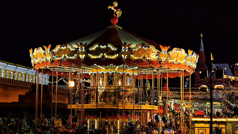 Carousel at Night, Lights, Fairground, Night, Carousel, HD wallpaper