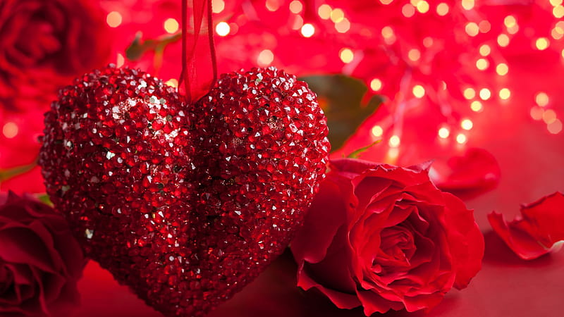 Glittering Stone Red Heart In Bokeh Background Valentines, HD wallpaper