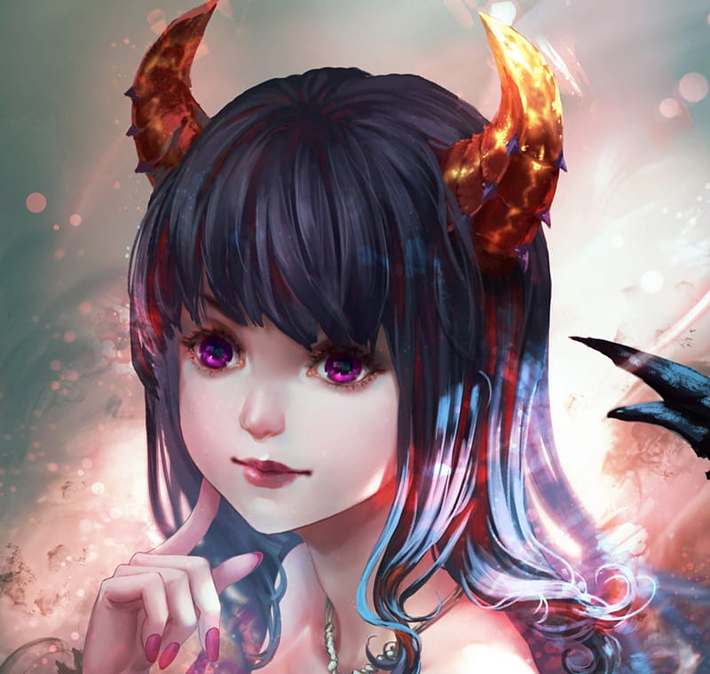 Demon girl, art, luminos, horns, demon, fantasy, girl, antilous, face, devil, HD wallpaper