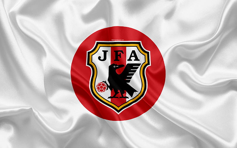 Japan national football team, logo, emblem, flag of Japan, football federation, World Championship, football, silk texture, HD wallpaper