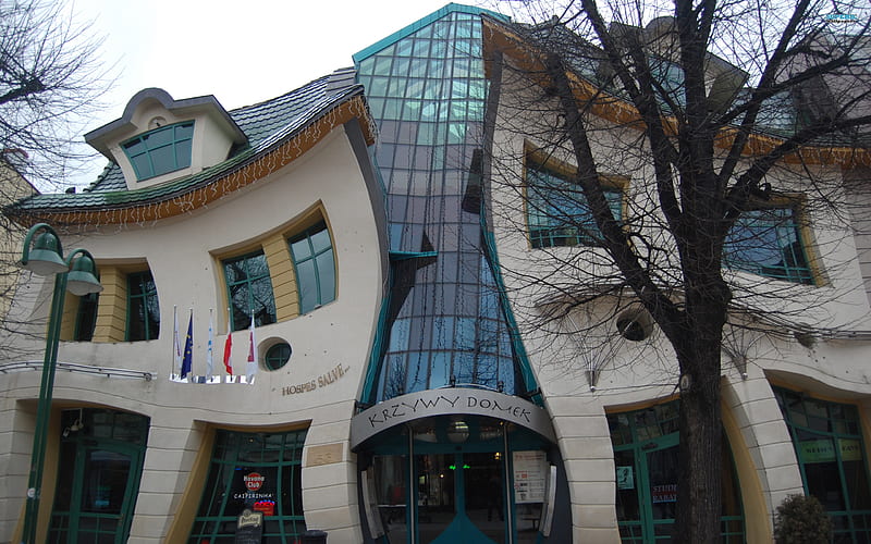 unique architecture in poland, building, glass front, artistic, commercial, HD wallpaper