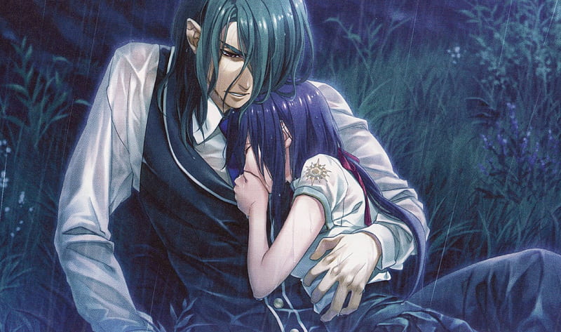 Kamigami no Asobi, grass, kusanagi yui, hug, blue hair, rain, visual novel, hades aidoneus, couple, black hair, cry, night, HD wallpaper