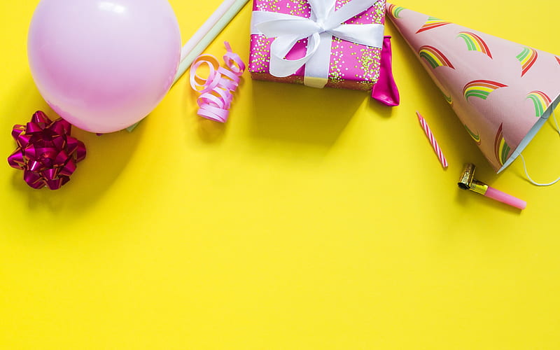 Happy Birtay, Yellow Background, Postcard, Greeting, Gift Box, Holiday Accessories, HD wallpaper