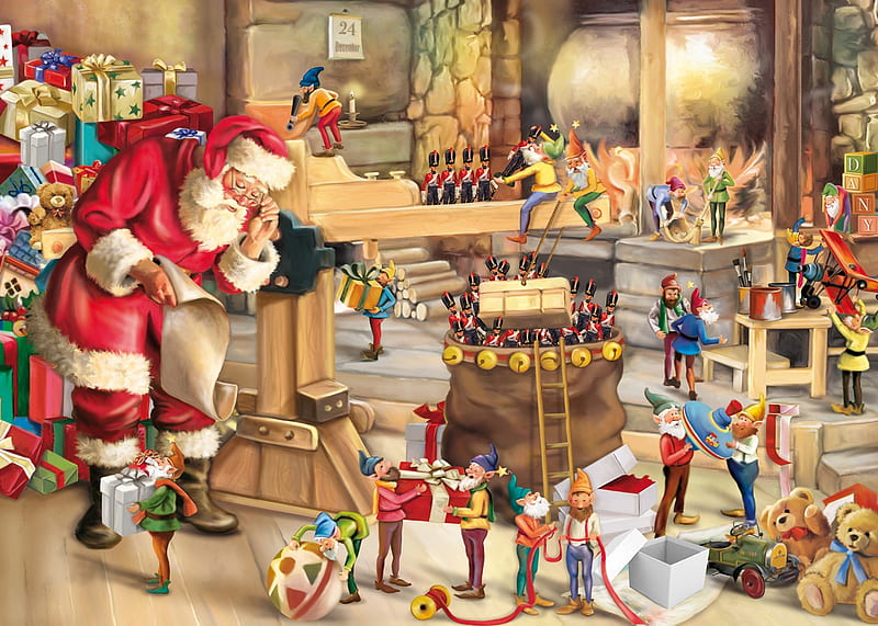 Santa, art, craciun, christmas, elf, gift, fantasy, painting, pictura, HD wallpaper