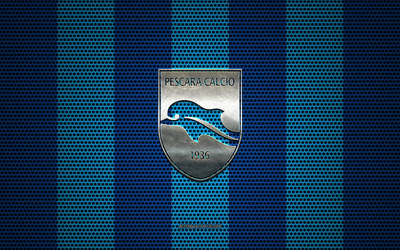 Delfino Pescara 1936 logo, Italian football club, metal emblem, blue metal mesh background, Delfino Pescara 1936, Serie B, Pescara, Italy, football, HD wallpaper
