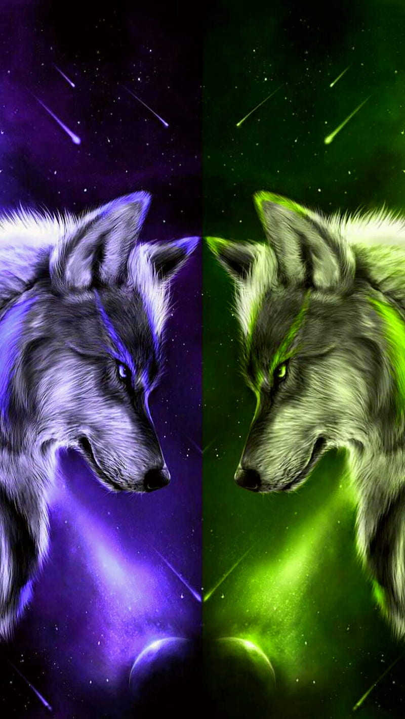 Wolves3, wolf, wolves, neon green, blue, HD phone wallpaper