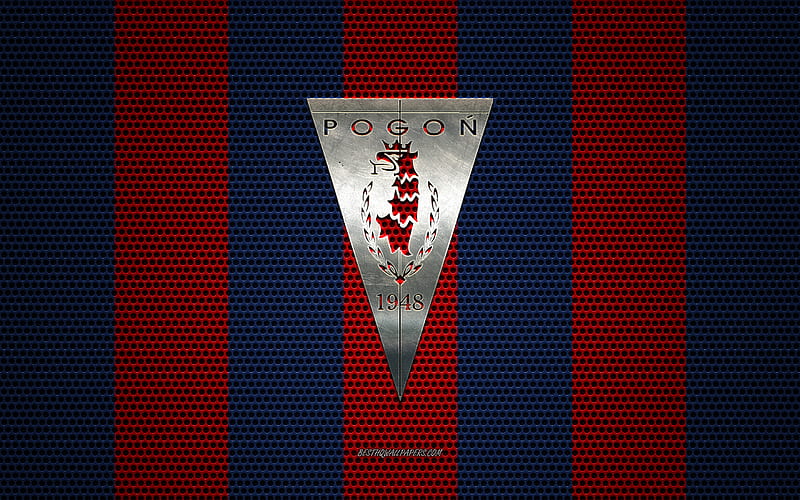 Pogon Szczecin logo, Polish football club, metal emblem, blue and red metal mesh background, Pogon Szczecin, Ekstraklasa, Gdansk, Poland, football, HD wallpaper