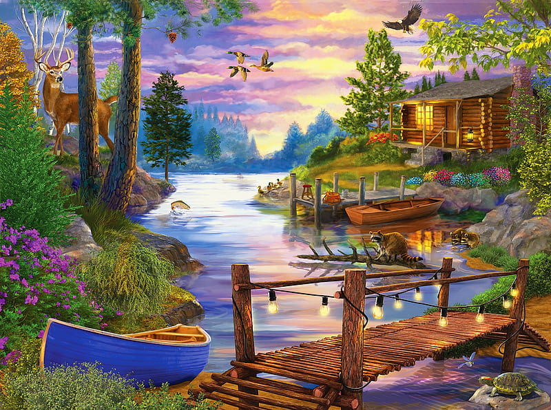 Footbridge, lake, art, house, cottage, spring, pond, countryside, mountain, boat, serenity, painting, river, HD wallpaper