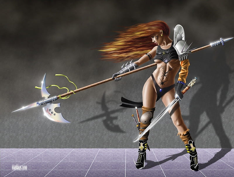 Warrior Woman, female, boots, knives, red hair, weapons, fantasy, warrior, girl, spear, long hair, sword, armour, HD wallpaper
