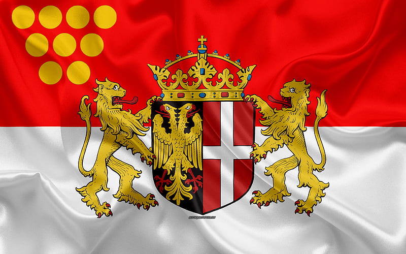 Flag of Neuss silk texture, red white silk flag, coat of arms, German city, Neuss, North Rhine-Westphalia, Germany, symbols, HD wallpaper