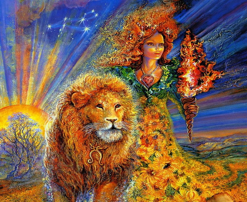 The Lion's Princess, sun, girl, torch, blossoms, lion, landscape, HD wallpaper