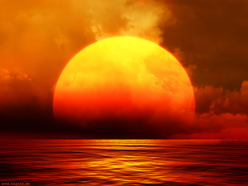 Big orange sun, orange sun, sky, red ocean, HD wallpaper